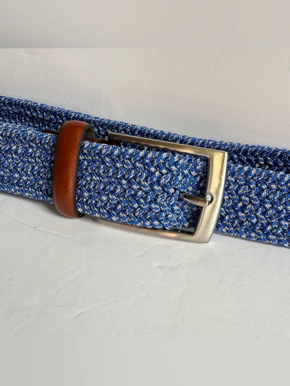 Italian Leather Woven Braided Stretch Belt Blue Brown 40 Casual Golf